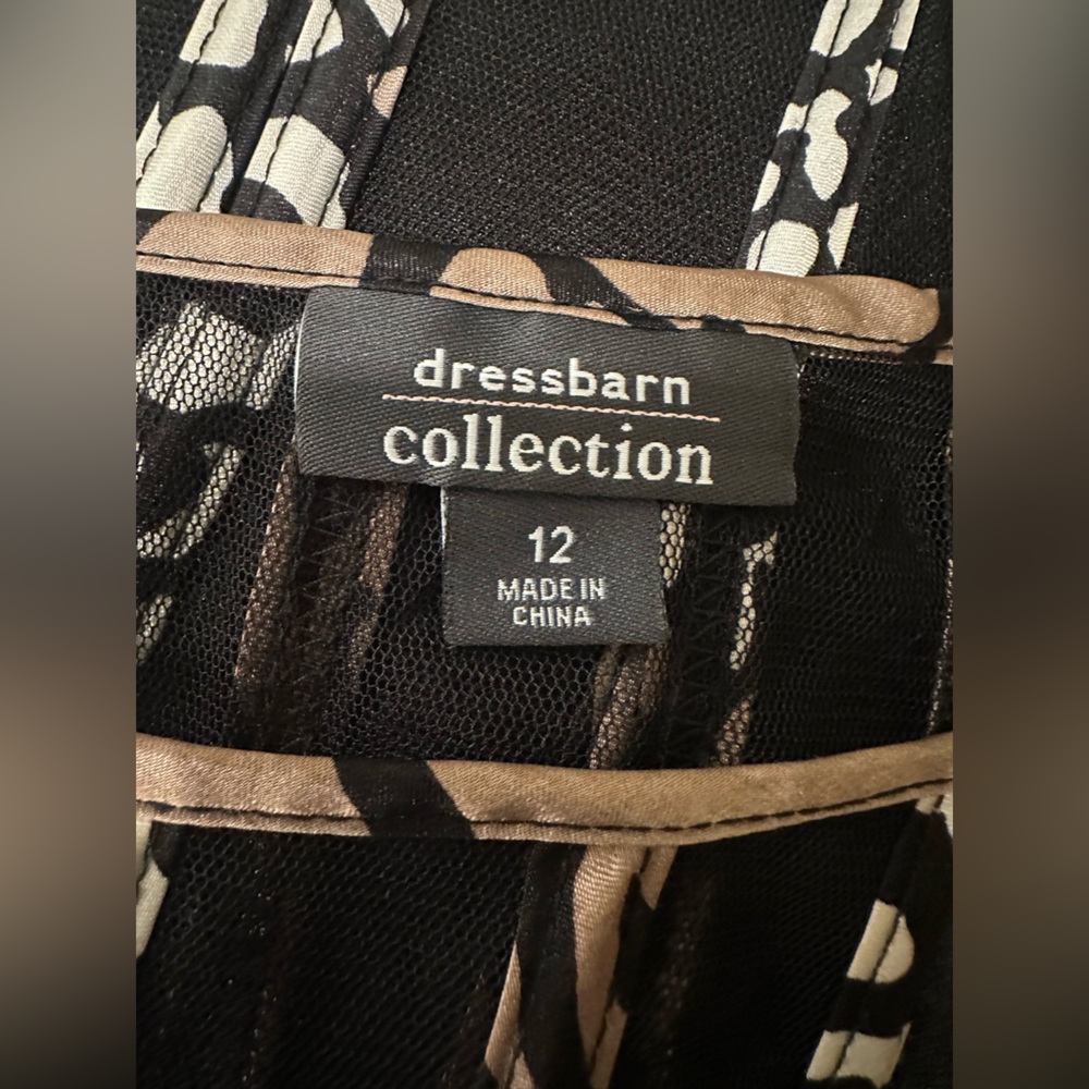 Dressbarn Collection Fit & Flare Midi Black Tan Mesh Overlay Ribbon Tie Waist - Picture 7 of 10